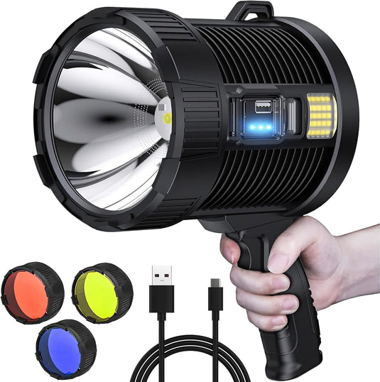 High-Intensity Spot Light - Durable Rechargeable Ultrabright Spotlight Flashlight Handheld Floodlight - Ideal for Outdoor, Emergency, Survival and Home Use. Solar Recharge Enabled, Power Bank Built In