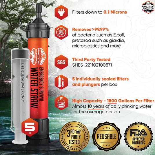 5 High Capacity Emergency Survival Water Straws - Personal Filter for Camping, Hiking, Travel, Biking, Survival, preparedness, Lightweight, Reusable and with no Expiration Date.
