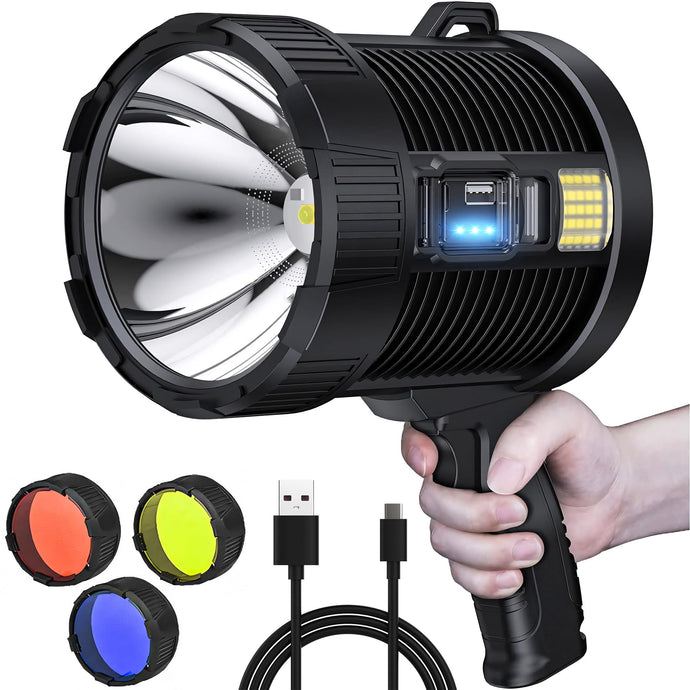 High-Intensity Spot Light - Durable Rechargeable Ultrabright Spotlight Flashlight Handheld Floodlight - Ideal for Outdoor, Emergency, Survival and Home Use. Solar Recharge Enabled, Power Bank Built In