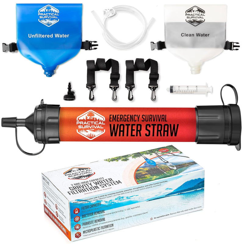 Load image into Gallery viewer, Gravity Water Filtration System – 2 High Capacity Lightweight Hanging Bags for Backpacking, Camping, Survival, Hiking, Hunting - Dirty, Clean Water Bags, Water Filter and Cleaning Plunger Included

