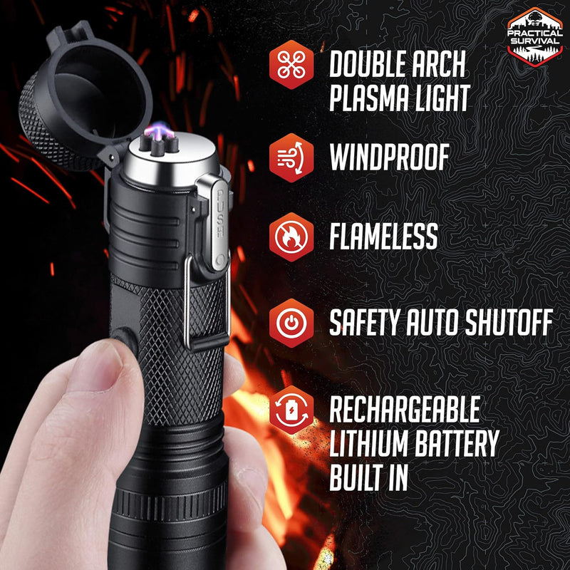 Load image into Gallery viewer, LED Emergency Tactical Flashlight Plasma Lighter Combo, 2-Pack, Water Resistant, Wind Resistant, Rechargeable, Compact, 2-In-1 Tool, White
