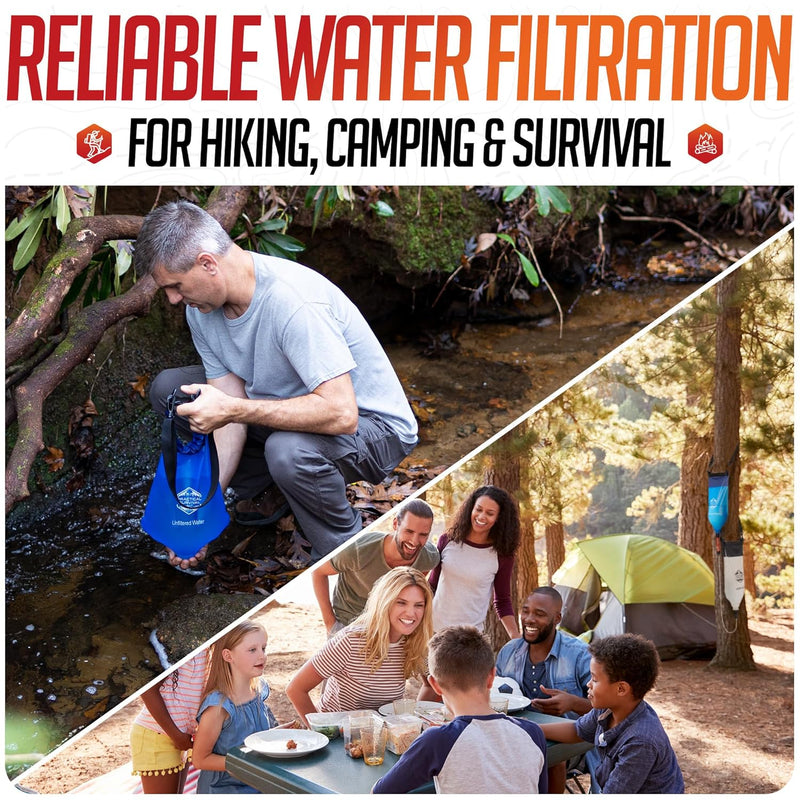 Load image into Gallery viewer, Gravity Water Filtration System – 2 High Capacity Lightweight Hanging Bags for Backpacking, Camping, Survival, Hiking, Hunting - Dirty, Clean Water Bags, Water Filter and Cleaning Plunger Included
