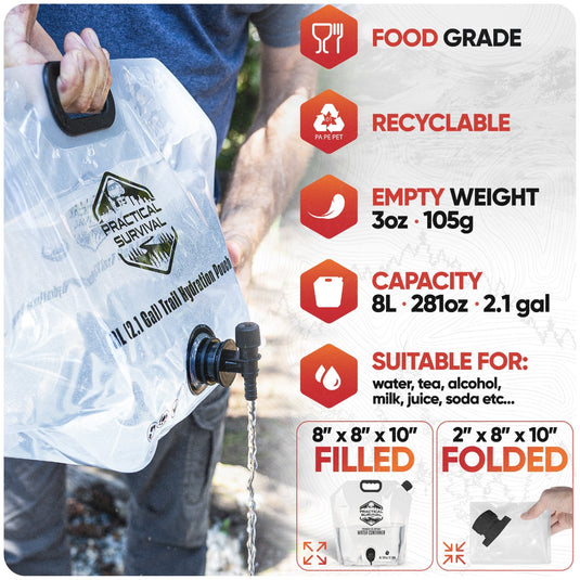 Collapsible Water Container Bag with Premium Spigot - 2.1 Gallon/8L BPA-Free Portable Water Storage Jug for Hurricane Preparedness, Camping, Backpacking - 2 Pack