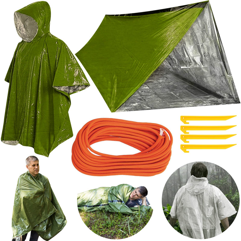 Load image into Gallery viewer, 5 Bulk Pack - 10 Piece Emergency Survival Shelter Kit - 1 Emergency Tent, 1 Emergency Sleeping Bag, 1 Emergency Blanket, 1 Summer Poncho, 1 Winter Poncho and more! Perfect for EDC, Car Kit, Bugout or Get Home Bag.
