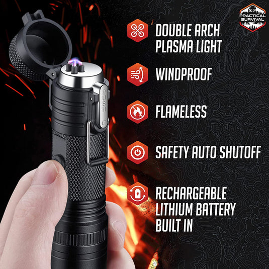 5 Bulk Pack - LED Emergency Tactical Flashlight Plasma Lighter 2 in 1 Combo [2Pack] Rechargeable, Water Resistant Light, Wind Resistant Plasma Lighter - Camping Accessories, Outdoor Gear, Emergency EDC Flashlights