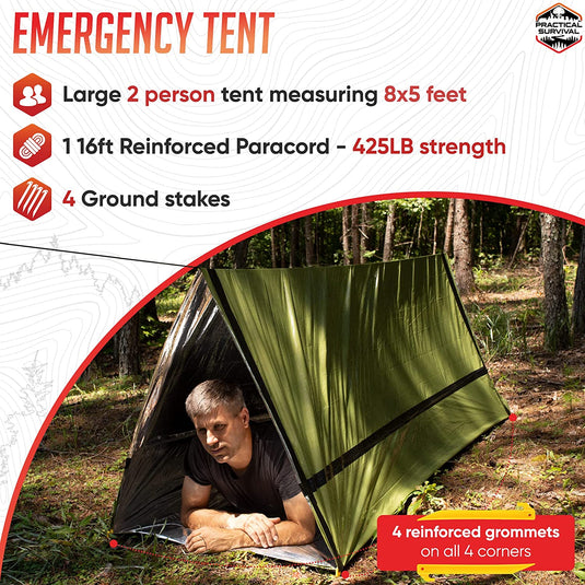 5 Bulk Pack - 10 Piece Emergency Survival Shelter Kit - 1 Emergency Tent, 1 Emergency Sleeping Bag, 1 Emergency Blanket, 1 Summer Poncho, 1 Winter Poncho and more! Perfect for EDC, Car Kit, Bugout or Get Home Bag.