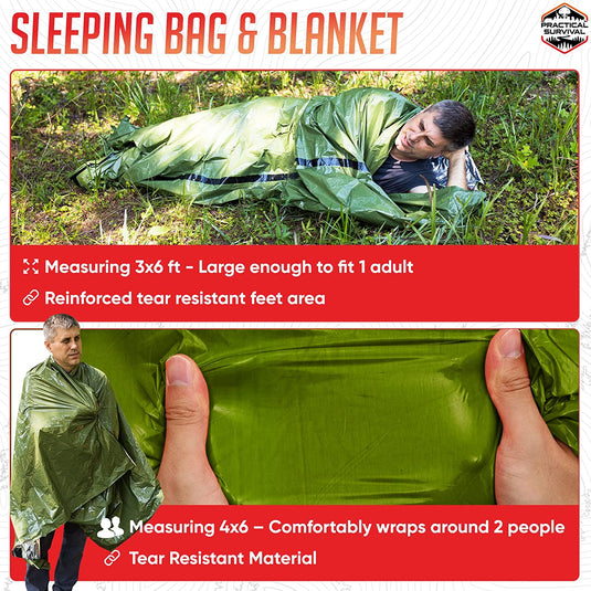 5 Bulk Pack - 10 Piece Emergency Survival Shelter Kit - 1 Emergency Tent, 1 Emergency Sleeping Bag, 1 Emergency Blanket, 1 Summer Poncho, 1 Winter Poncho and more! Perfect for EDC, Car Kit, Bugout or Get Home Bag.